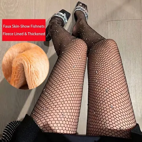 Women Fleece Lined Fishnet Tights Thickened Warm Rhinestone Leggings Sexy High Elasticity Fake Translucent Hosiery