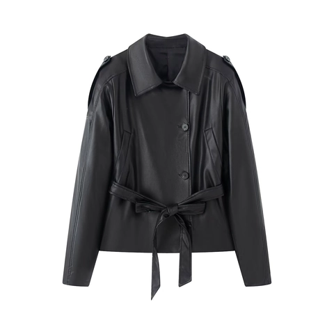 Giacca In Pelle PU Da Donna Corta Con Cintura Cappotto In Ecopelle Revers Cerniera Biker Streetwear Nero