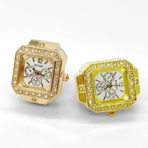 Reloj De Anillo De Dedo De Moda Caja Cuadrada De Aleación Con Diamantes De Imitación Reloj De Cuarzo Banda Elástica De Acero