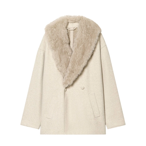 Women Mid Length Woolen Coat Faux Fur Collar Double Breasted Elegant Solid Color Jacket With Pockets Winter