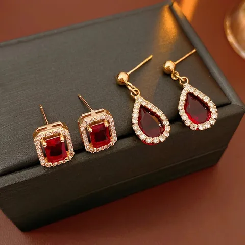 Orecchini Vintage Lusso Rubino Rosso Zircone Con Perno In Argento Lega Quadrato Goccia Gioielli Geometrici Donna
