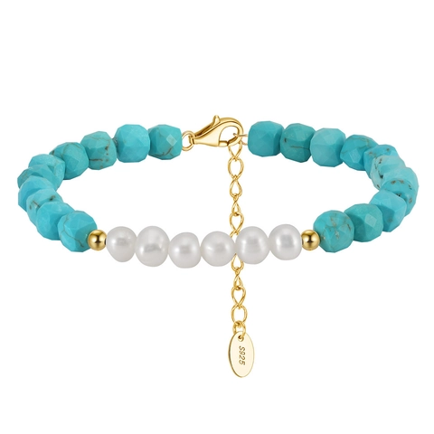 S925 Sterling Silver Natural Freshwater Pearl Turquoise Beaded Bracelet For Women 14K Gold Plated Handmade Jewelry Gift