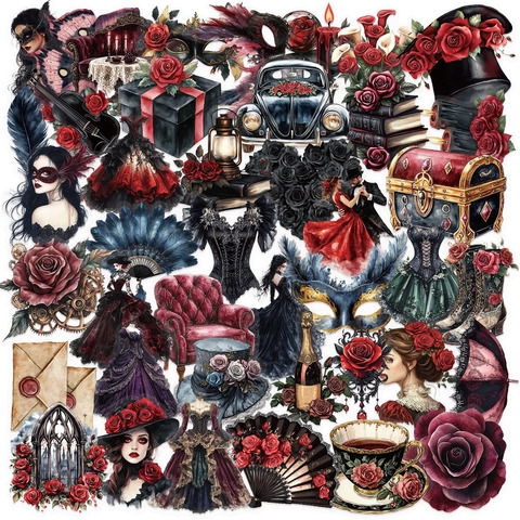 Retro Gothic Vintage Waterproof Transparent PET Stickers For Journaling Scrapbooking DIY Decoration Mask Rose Pattern Stickers