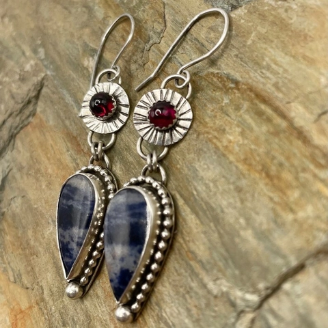 Vintage Ethnic Teardrop Earrings Blue Natural Stone Red Gemstone Metal Hook Bohemian Dangle For Women Jewelry