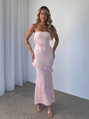 Abito Maxi Elegante In Pizzo Da Donna Senza Spalline Tubino Vestibilità Aderente Volant A Strati Festa Sera
