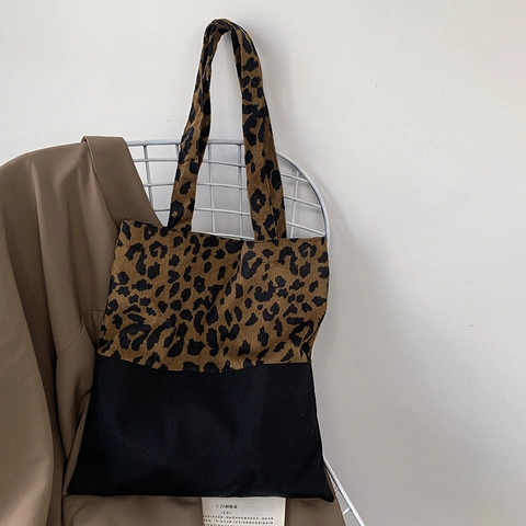 Borsa Tote In Tela E Velluto A Coste Con Stampa Leopardata Grande Capacità Borsa A Spalla Patchwork Vintage Per Donna Studentessa