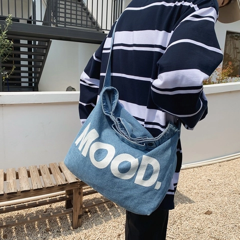 Große Kapazität Denim Umhängetasche Für Frauen Lässiger Street Style Buchstaben Druck Schulter Kurier Tasche Verstellbar