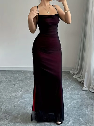 Vestito Lungo Mesh Poliestere Arricciatura Spacco Schiena Scoperta Spalline Incrociate Scollo Cappuccio Festa Elegante