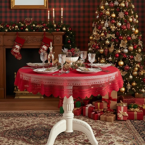 Mantel De Navidad Rojo Encaje Calado Redondo Rectangular Patrón Copo De Nieve Corazón Decoración De Mesa Festiva