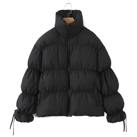 Women Puffer Jacket Stand Collar Horizontal Quilting Drawstring Cuffs Polyester Padded Winter Coat Casual Solid Color