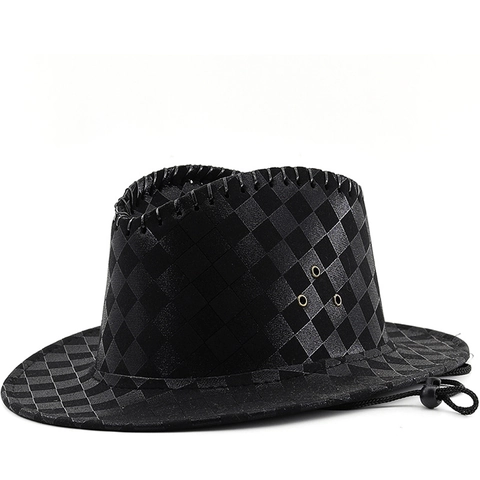 Westerse Cowboyhoed Geruit Polyester Verstelbaar Fedora Jazz Stijl Retro Zonbescherming Met Winddicht Touw