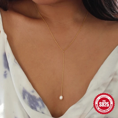 Collana a Y in Argento Sterling 925 da Donna Elegante Ciondolo in Perla Artificiale Catena Sottile Oro Argento Gioielli Regalo