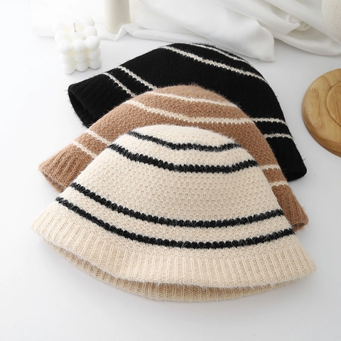 Sombrero De Pescador De Punto Rayas Bloque De Color Retro Cálido Otoño Invierno Gorro Para Mujeres Estilo Coreano