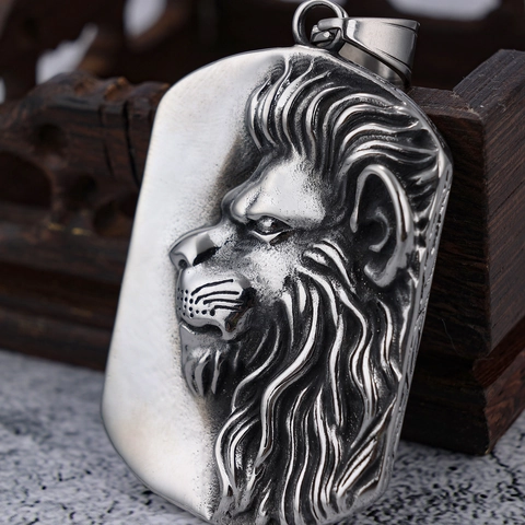 Collana Con Ciondolo Testa Di Leone Acciaio Inossidabile Rilievo Vintage Etichetta Quadrata Gioielli Animali Da Uomo