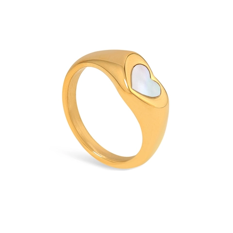 Bague Chevalière Coeur Plaqué Or 18K Acier Inoxydable 316L Incrustation Coquille Style Rétro Français Bijoux Femme