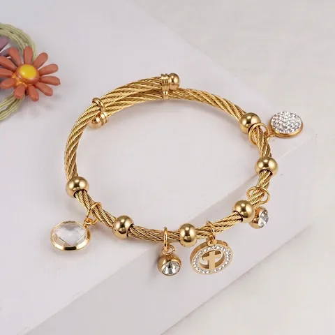 Bracciale A Cavo In Acciaio Inossidabile Placcato Oro 18K Pendente Croce Regolabile Charms Zircone Gioielli Religiosi
