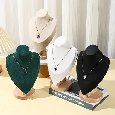 Necklace Display Stand Portrait Mannequin Bust Jewelry Holder Elegant Solid Wood Base PU Leather Velvet Countertop Prop