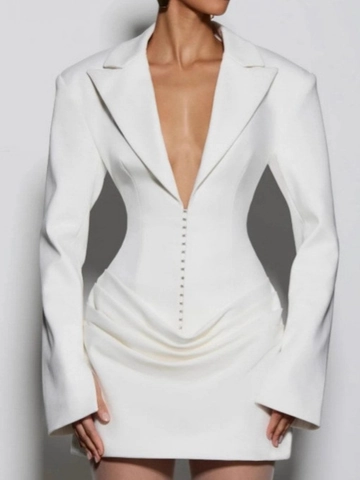 Women Blazer Mini Dress Long Sleeve Suit Collar Slim Fit Ruched Bodycon Office Party Polyester
