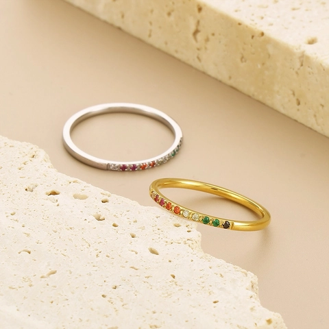 Anillo Fino Minimalista Acero De Titanio Circón De Colores Pavé Banda De Eternidad Para Mujeres Joyería Apilable