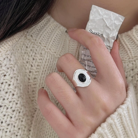 Vintage 925 Sterling Silver Adjustable Ring With Black Agate Oval Stone Minimalist French Style Finger Jewelry