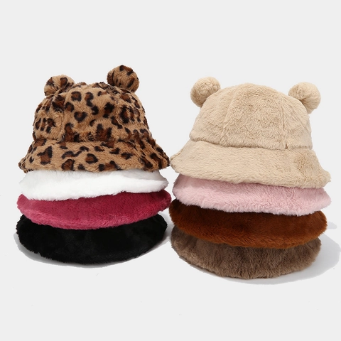 Sombrero de Pescador de Pelo de Conejo de Imitación con Orejas de Oso para Mujer Invierno Cálido Felpa Leopardo Sólido