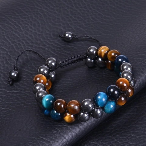 Bracciale Di Perline Occhio Di Tigre Ematite Ossidiana Doppia Fila Intrecciato A Mano Regolabile Gioielli Di Guarigione Per Uomini Donne