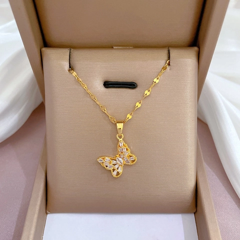 Vlinder Hanger Ketting Titanium Stalen Ketting Koper Zirkoon Ingelegd Elegant Goud Sieraden Voor Dames