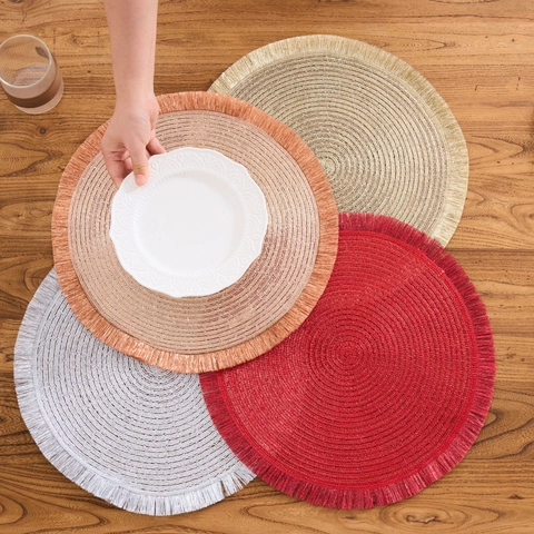 Round Woven Placemats With Tassel Fringe Metallic PVC Heat Resistant Table Mat For Dining Room Holiday Decor Retro Style