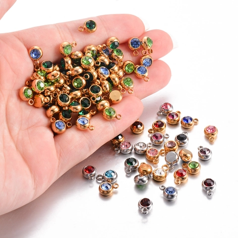 Round Birthstone Charms Stainless Steel Rhinestone Pendants For Jewelry Making DIY Crafts Lucky Birthday Stone Colorful