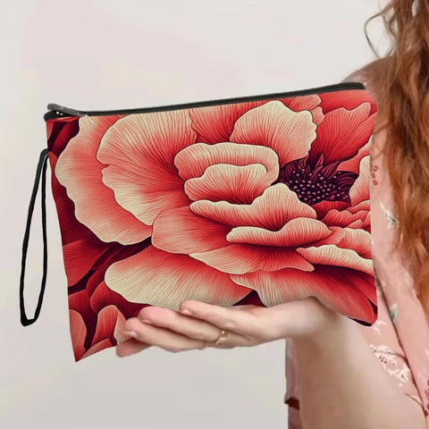 Borsa Trucco Floreale In Finto Lino Con Cerniera Organizzatore Da Viaggio Con Cinturino Da Polso Portatile Da Donna