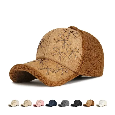 Casquette De Baseball D'Hiver Pour Femmes Décor Nœud Strass Patchwork Sherpa Daim Chapeau Réglable Chaud Coupe-Vent Extérieur