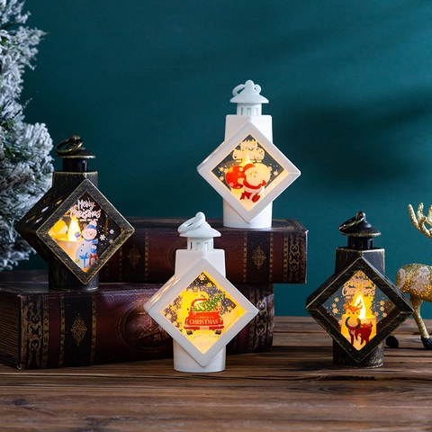 Linterna LED De Navidad Retro Decorativa Lámpara De Viento Luz Cálida Papá Noel Muñeco De Nieve Reno Adorno De Fiesta