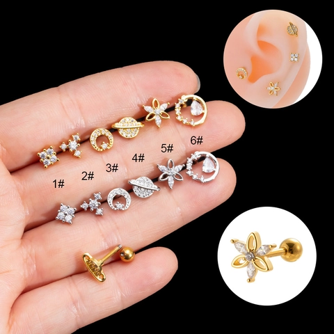 Edelstahl Kupfer Zirkon Tragus Piercing Stecker Blumen Wassertropfen Design Gewindeschraube Knorpel Ohrring Schmuck