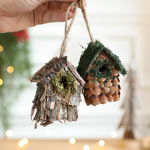 Addobbi Pendenti Casetta Uccelli Natale Corteccia Naturale Pigna Muschio Fatto Mano Stile Bosco Rustico Pendente Albero