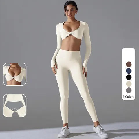 Women Yoga Workout Outfit Long Sleeve Twist Crop Top And High Waist Leggings Nylon Spandex Breathable Gym Fitness