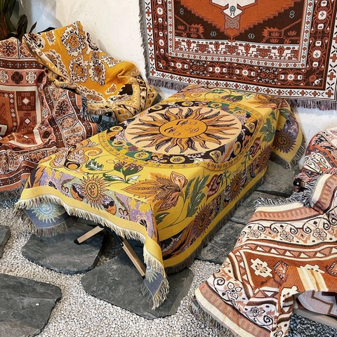 Bohemian Woven Throw Blanket Cotton Sun Face Celestial Pattern With Tassels Multi Purpose For Sofa Camping Picnic Travel
