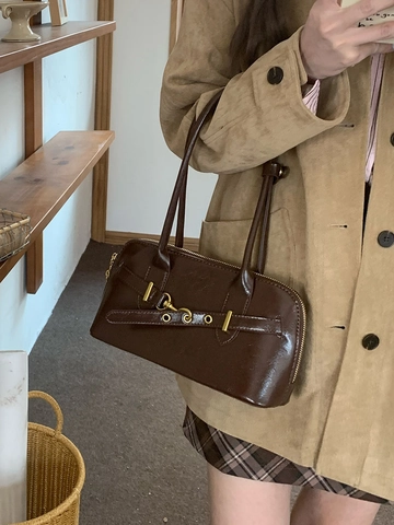Sac Sous Le Bras En Cuir PU Vintage Pour Femmes Sac À Main Brillant Avec Décoration De Boucle De Ceinture Élégant Sac À Bandoulière