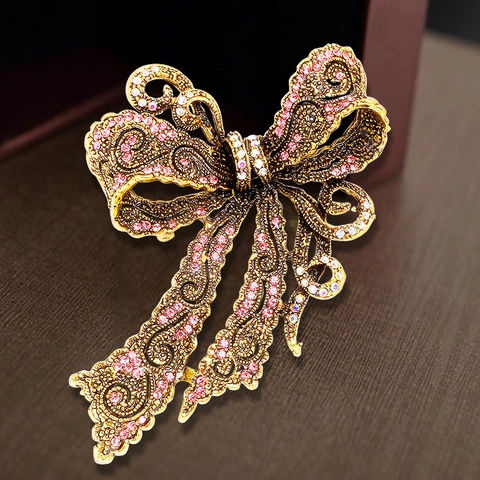 Spilla a Fiocco in Lega Vintage con Strass Galvanizzata Traforata Blu Rosa Cristallo Corsage Pin Gioielli Accessori per Donna