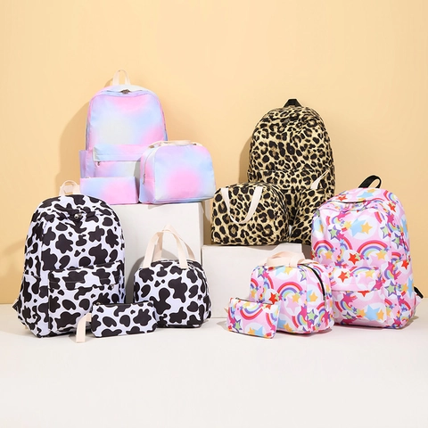 Sac à Dos Scolaire Fille Avec Sac à Déjeuner et Trousse Léopard Vache Galaxie Arc-en-Ciel Imprimé Tissu Oxford Imperméable