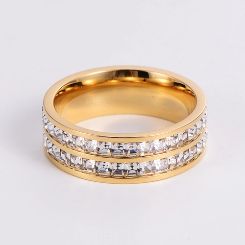 Anello Eternity Band Acciaio Inossidabile 304 Doppia Fila Zirconia Cubica Quadrata Lucidato Gioielli Geometrici Regalo Amanti