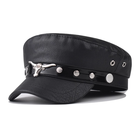 PU Leder Militär Mütze Flacher Deckel Barett Mit Metall Stierkopf Emblem Silberne Nieten Punk Biker Stil Für Herren Damen