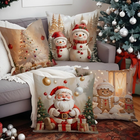 Christmas Pillow Case Linen Fabric Decorative Cushion Cover Snowman Santa Claus Pattern Holiday Home Decor Square Soft