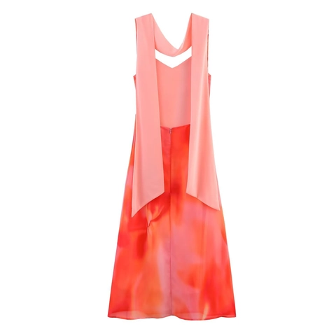 Vestito Maxi Da Donna Con Stampa Sfumata Chiffon Senza Maniche Collo A Sciarpa Scollo A V Elegante Abito Da Festa