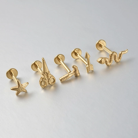 G23 Titanium Labret Studs Internally Threaded Lip Rings Flat Back Earring Studs Starfish Snake Arrow Scissors Hammer Design
