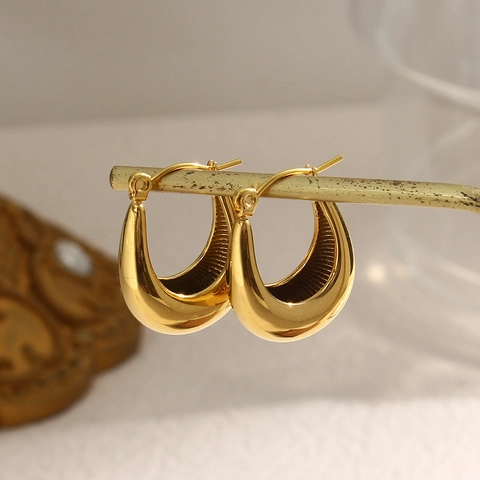 Gepolijst Roestvrij Staal U-Vormige Chunky Creolen Voor Vrouwen Mode Goud Kleur Geometrische Waterdruppel Ontwerp Sieraden