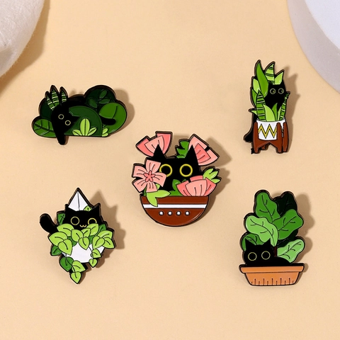 Cute Cartoon Black Cat Plant Enamel Brooches Alloy Painted Badges For Backpack Clothing Accessories Individual Novelty