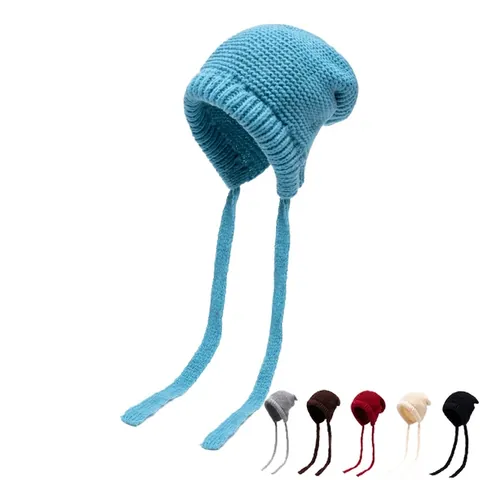 Gorro De Punto Beanie Con Orejeras Correas Largas Invierno Cálido Cortavientos Color Sólido Acrílico Casual Para Mujeres