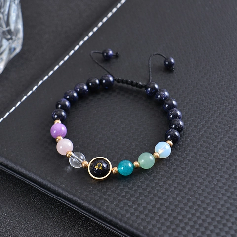 Bracciale Fatto a Mano con Perline in Pietra Naturale 12 Costellazioni Unisex Blu Goldfluss Galassia Otto Pianeti Gioiello