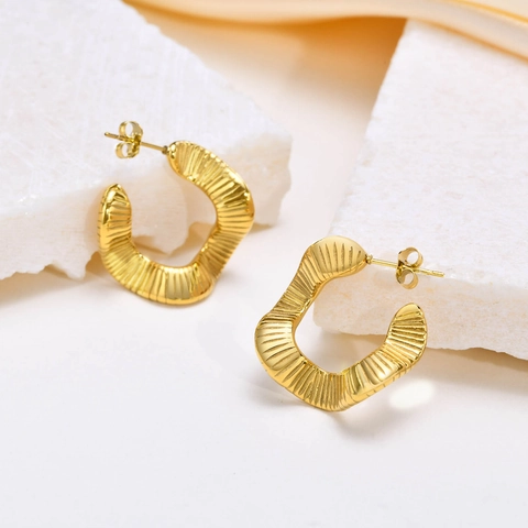 Stainless Steel Hoop Earrings French Vintage Twisted Braided Textured Gold Plated C Shaped Studs For Women