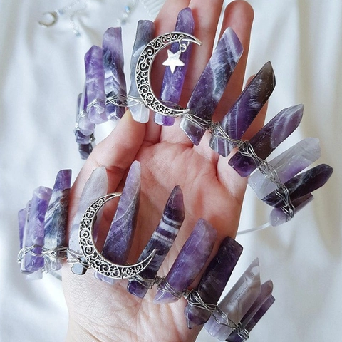 Handmade Raw Amethyst Crystal Crown Headband Celestial Moon Star Quartz Tiara Bohemian Bridal Hair Accessories Women